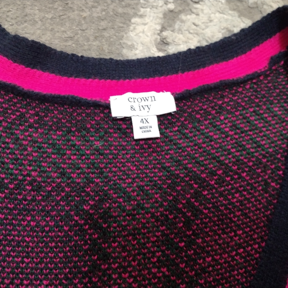 Crown Ivy Long Sleeve Pink and Navy Blue Plaid Button Front Cardigan - Picture 5 of 6